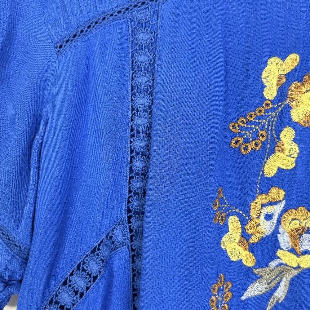boho embroidered floral peasant shift blue lined dress medium by brass & roe - Picture 6 of 10